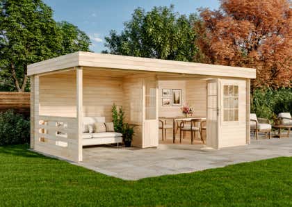 ABRI DE JARDIN BOIS 28 MM AVEC SALON EXTERIEUR PROTEGÉ - 20,12 m²