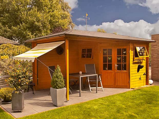 Abri de Jardin pentagonal avec Extension Franz-28 en Bois de la Marque  Alpholz, cabanon de Jardin Exterieur, cabane de Jardin exterieure